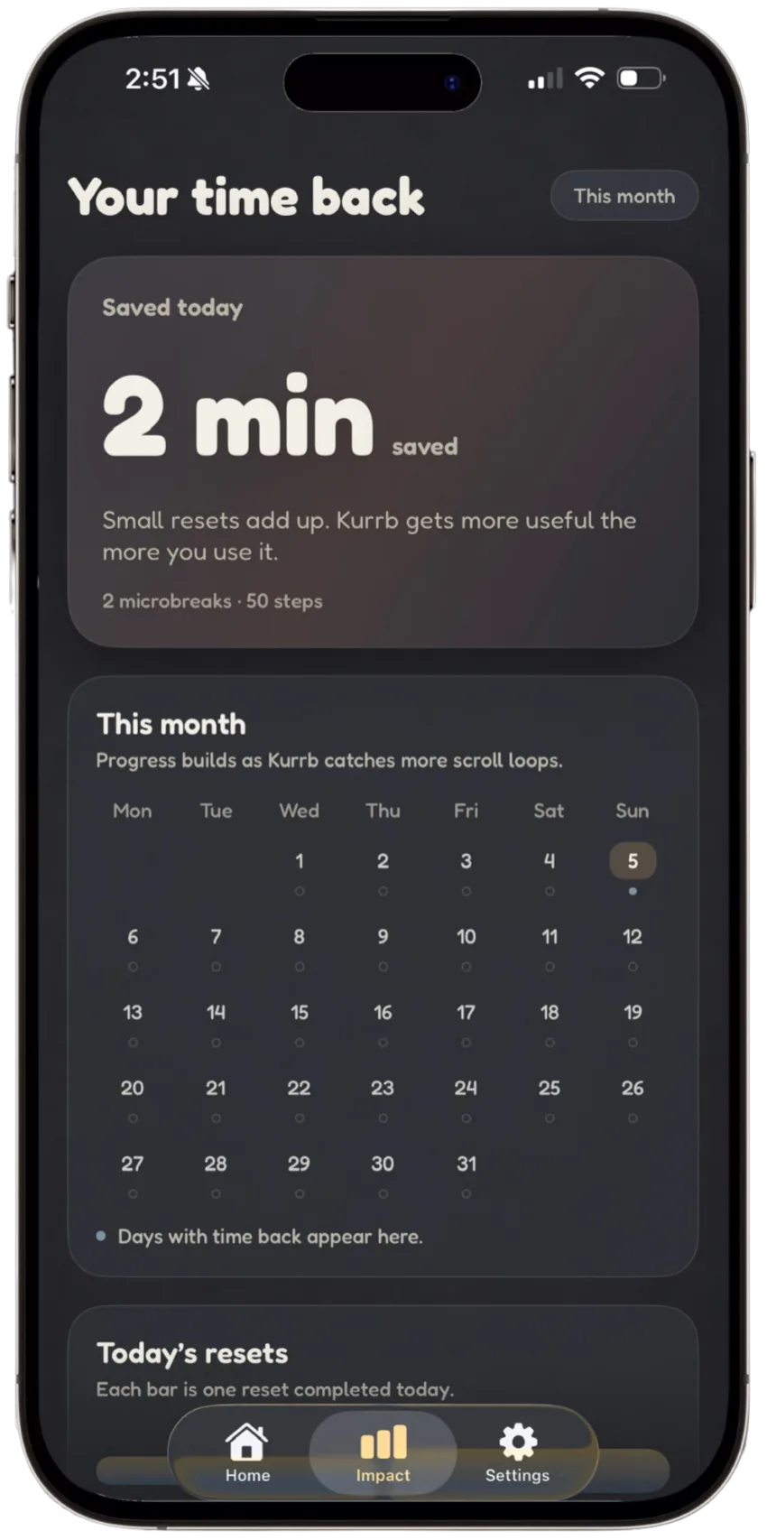 Kurrb impact screen with time saved and monthly calendar