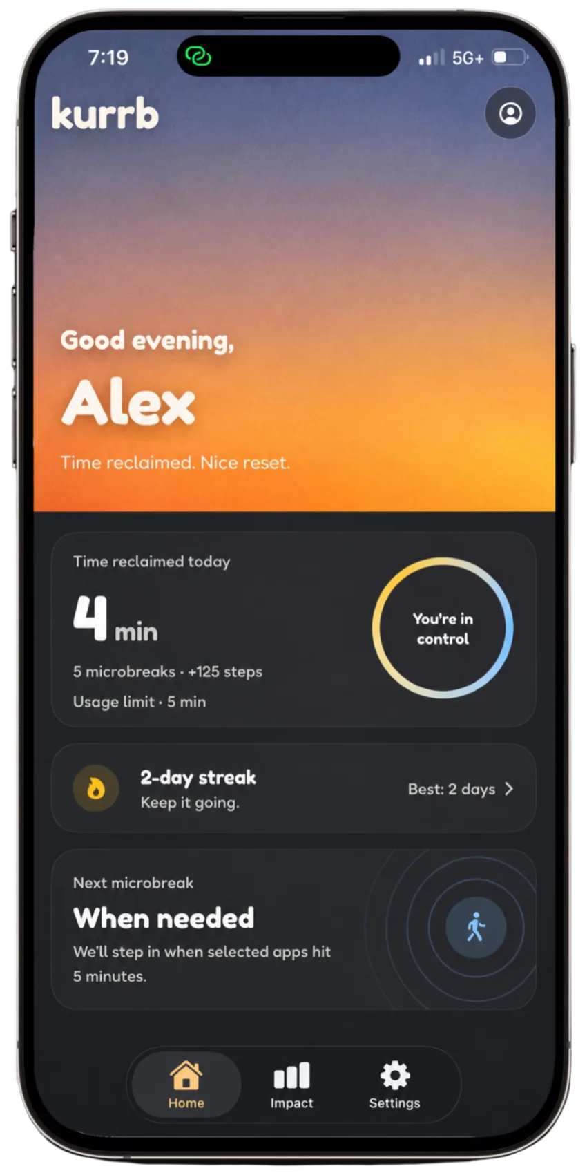 Kurrb home screen showing time reclaimed today and a step reset ring