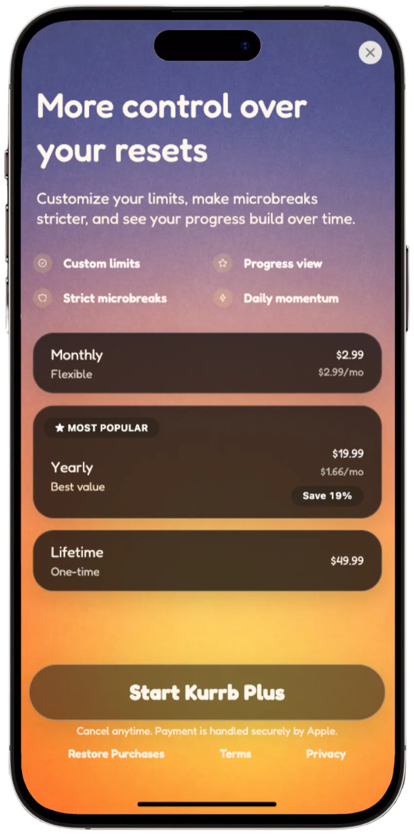 Kurrb Plus screen with subscription options
